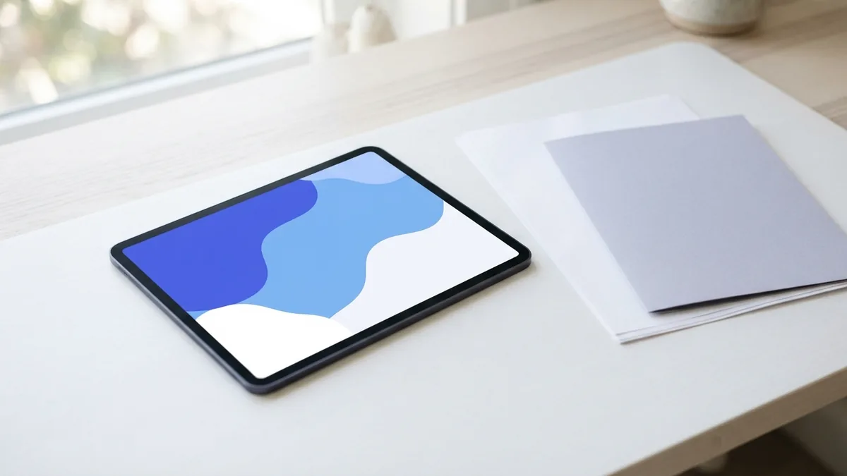 Tablet and blank documents on a tidy desk during an online PDF repair task
