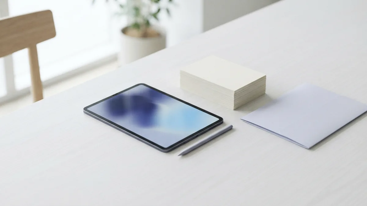 Tablet and blank photo prints arranged neatly before choosing a PDF tool