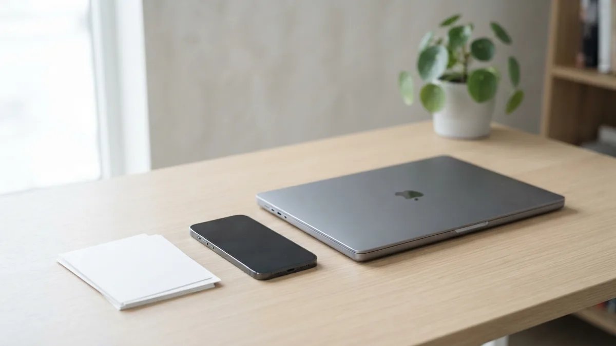 Make a PDF on your device Phone, laptop, and photo prints set out for creating a PDF on different devices