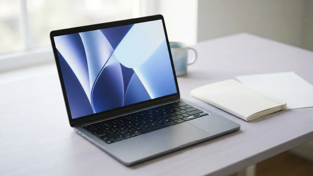 Laptop and blank notebook on a desk for exporting a document as a PDF