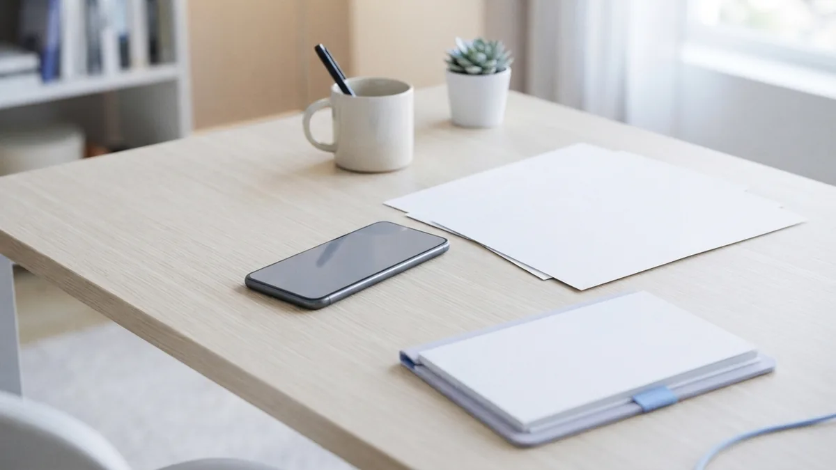 Phone beside blank sheets for making a PDF from photos or scans