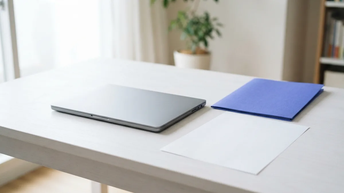 Blank document and laptop arranged on a clean desk for CV design