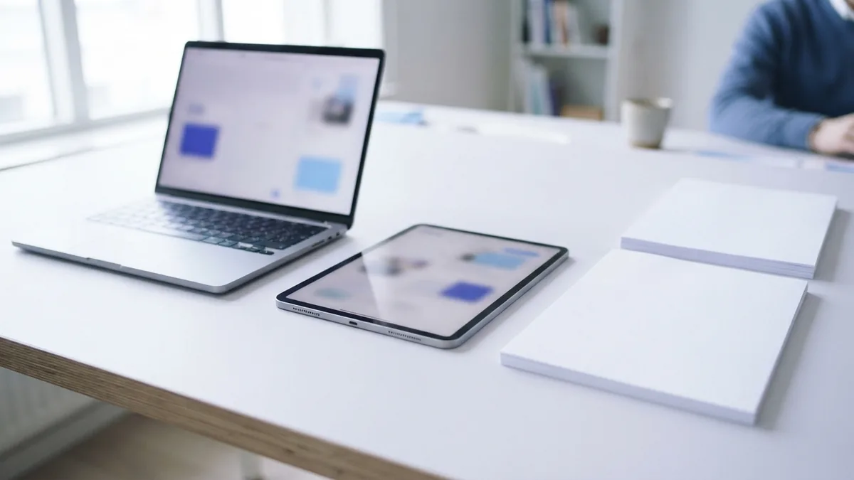 Choosing a PDF page editing method Laptop and tablet beside blank paper stacks for choosing a PDF editing method