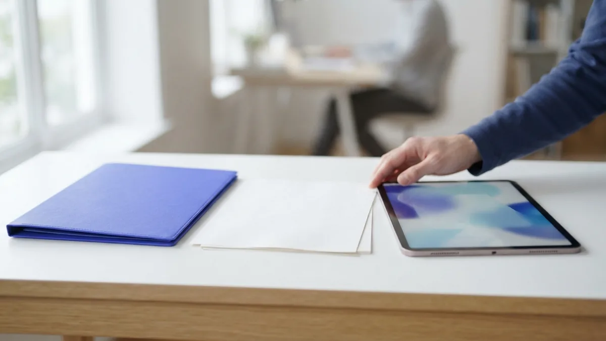Blank papers, folder, and tablet arranged for sharing a finished document