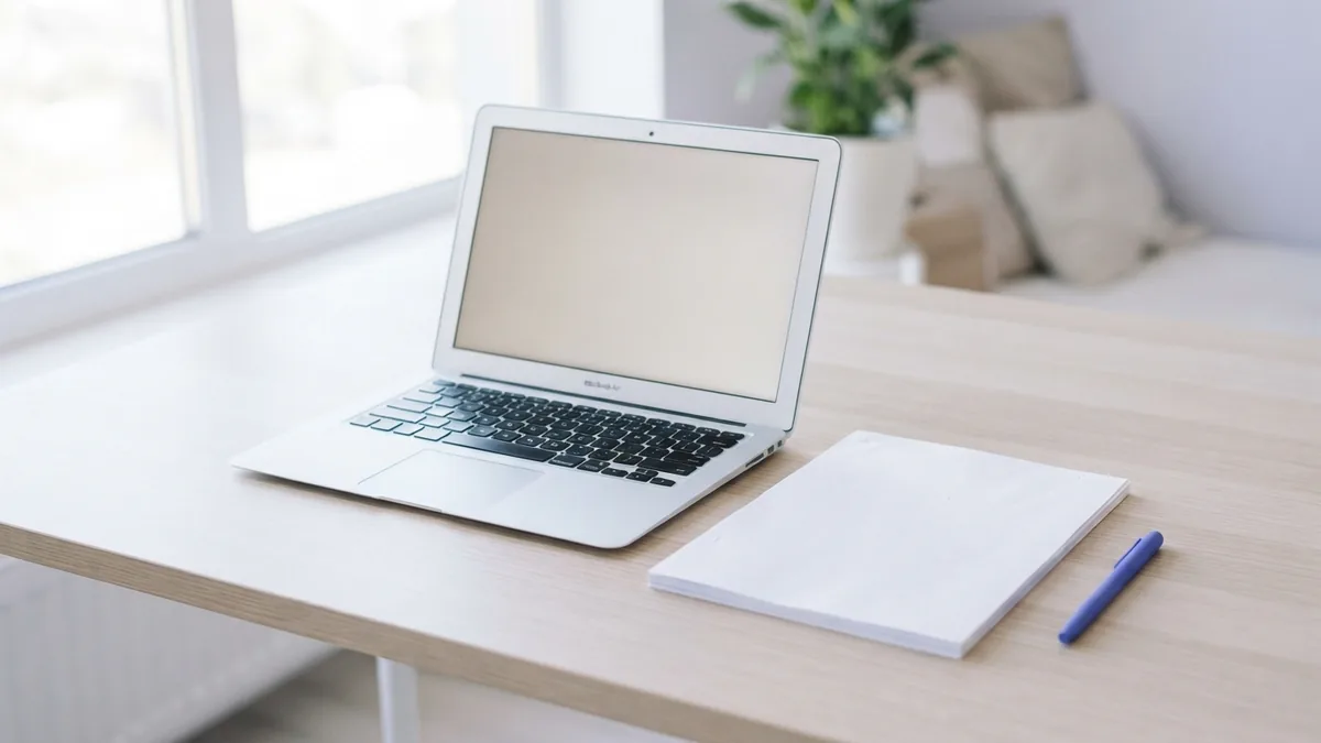 Laptop, blank pages, and pen on a clean desk for desktop file conversion