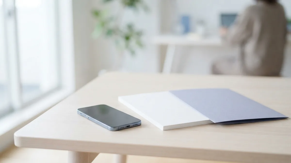 A simple phone and document setup Smartphone beside blank papers and a folder for converting a document on iPhone