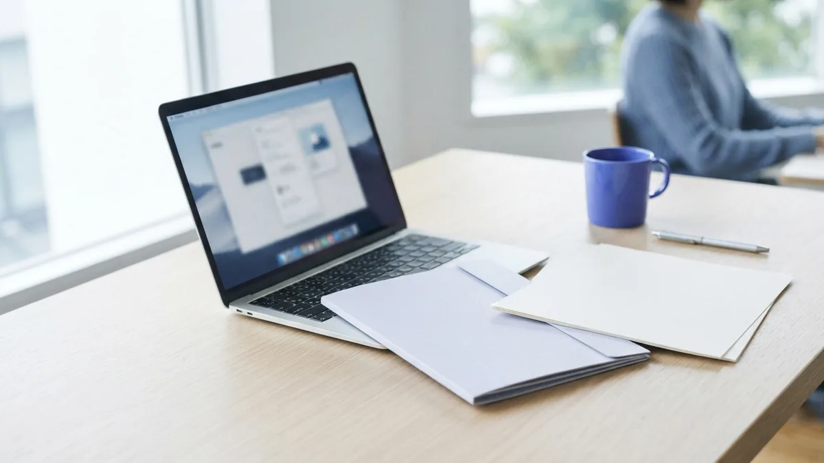 Laptop and blank papers ready for a final PDF page and quality check