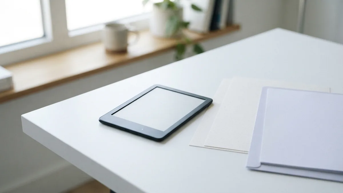 PDF conversion workspace Kindle reader beside blank papers and a blue folder for PDF conversion