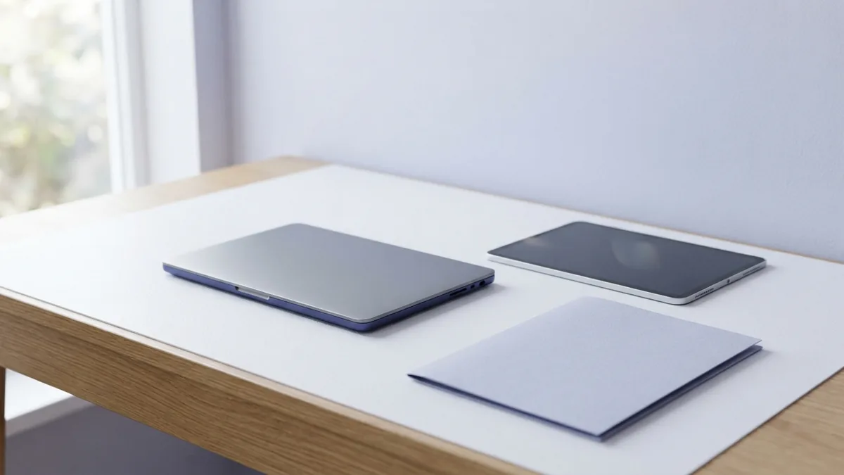 Fire tablet beside laptop and blank folder for downloading PDF files