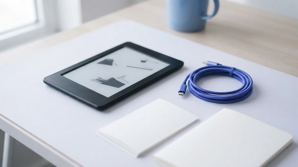 Kindle PDF troubleshooting desk Kindle reader and charging cable beside blank pages for PDF troubleshooting