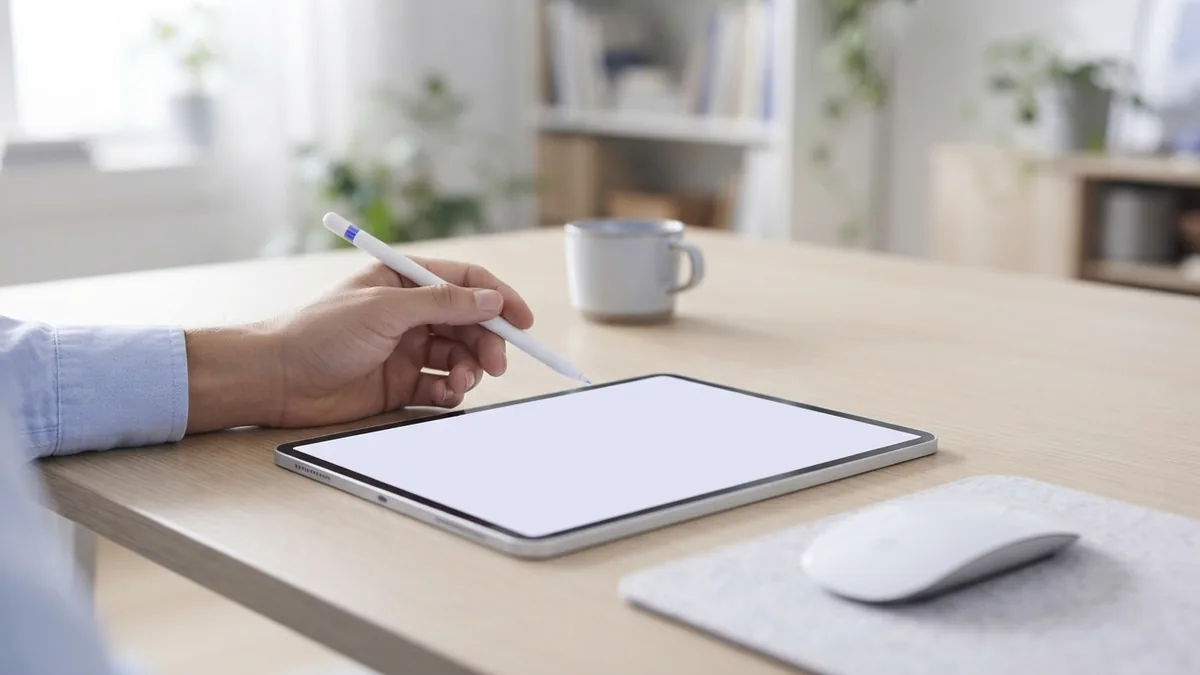 Choose a tool to draw your mark Stylus and mouse beside a tablet ready for drawing a PDF signature