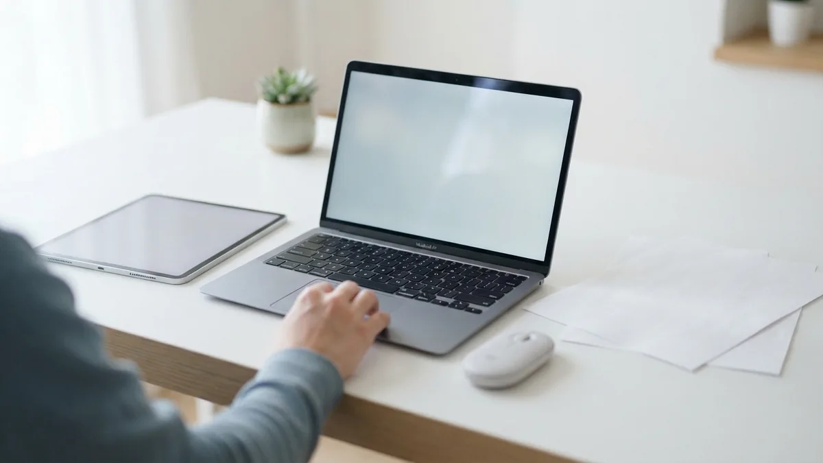 Laptop and tablet beside blank papers for choosing a free PDF editor