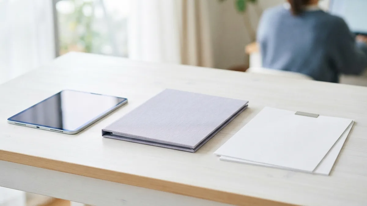 Organized desk with folder, tablet, and blank papers for checking PDF edits