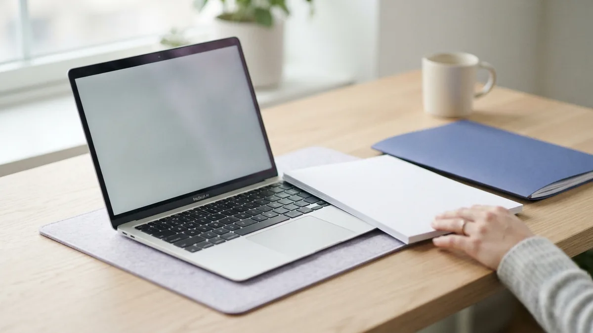 Laptop and blank documents set up for converting a PDF into a Word file