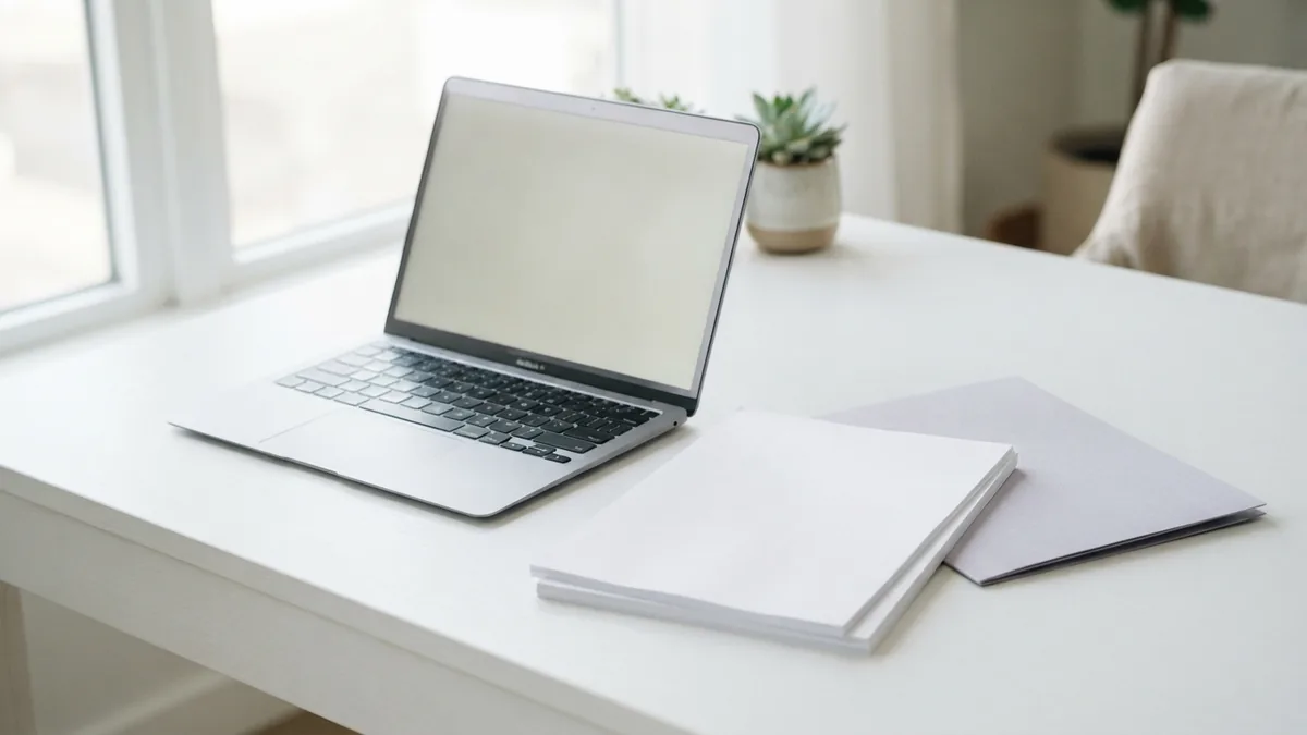 Finished blank documents beside a laptop before exporting a new PDF