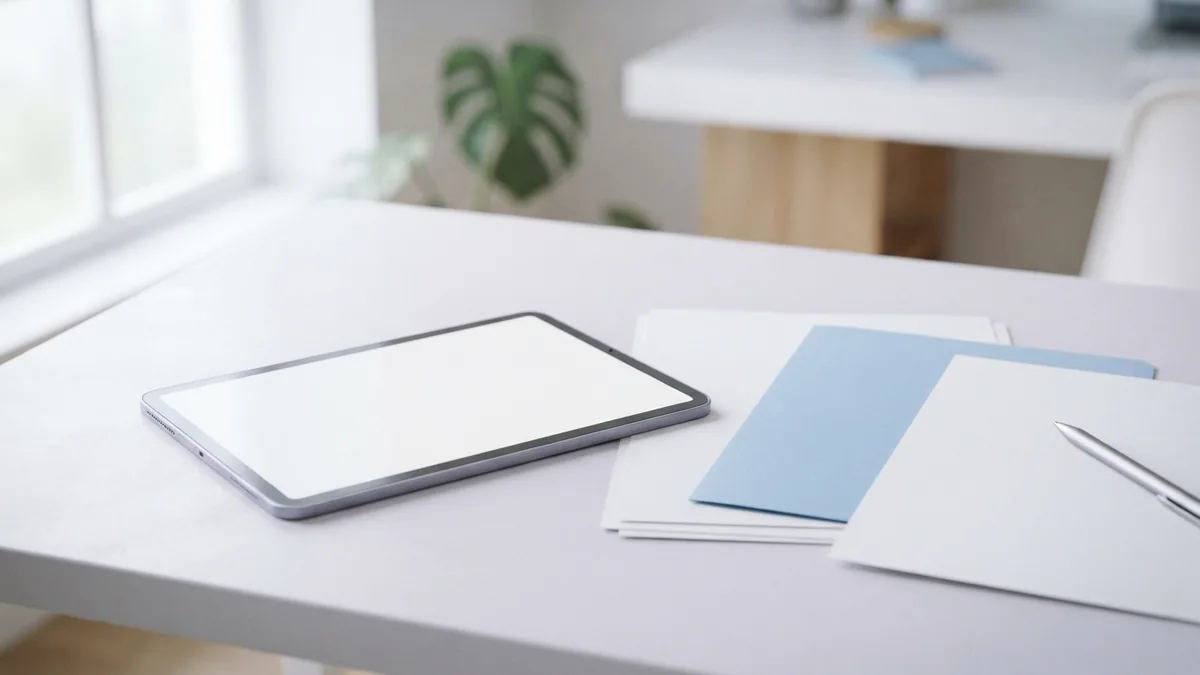 Tablet beside blank document copies and folder prepared for PDF editing