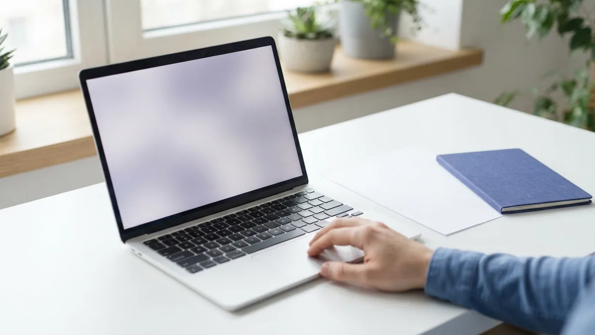 Laptop and blank document arranged for browser-based PDF editing