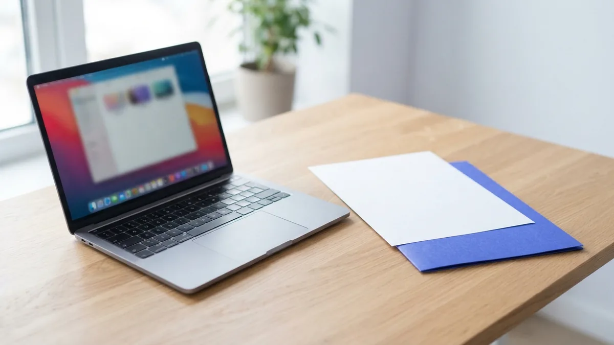 Working on a PDF with desktop software Laptop with blank papers and blue folder for desktop PDF software work
