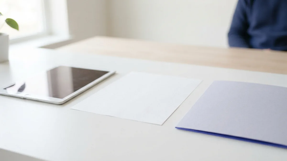 Blank document beside tablet and folder during a final PDF layout check