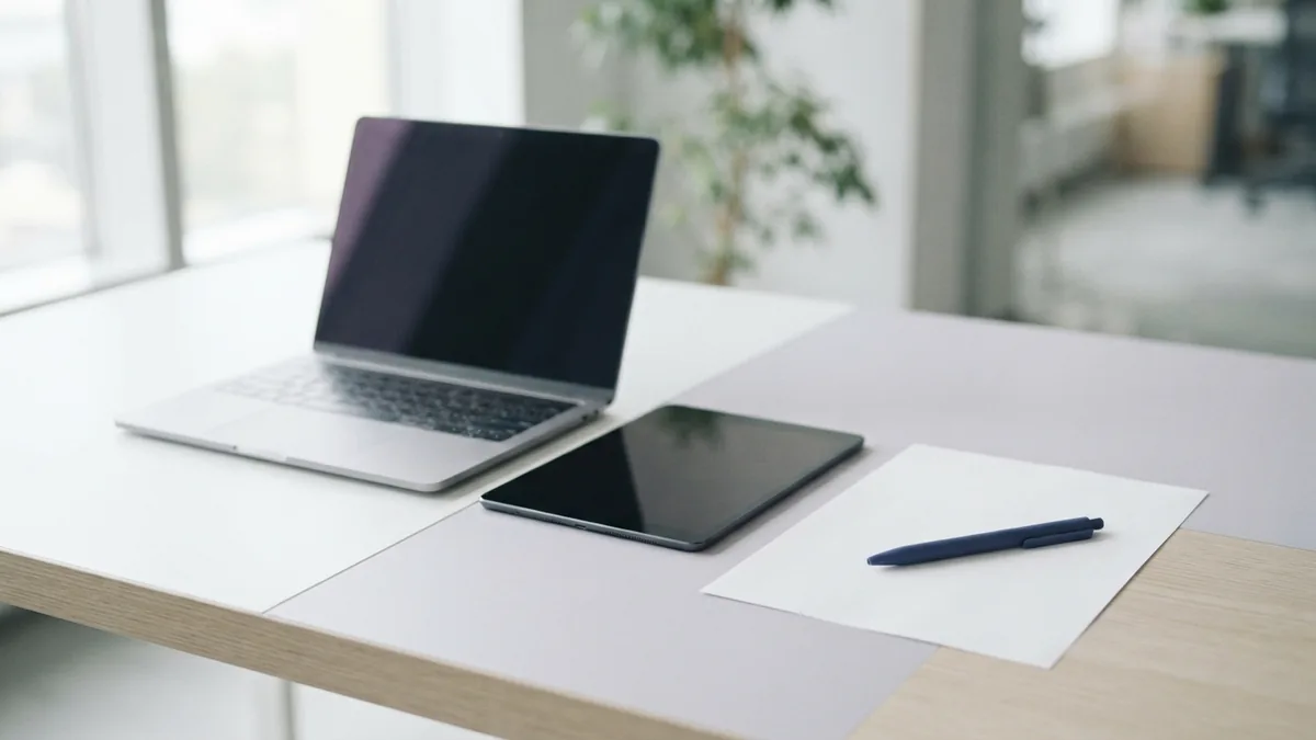 Laptop and tablet beside blank paper for comparing PDF editing options