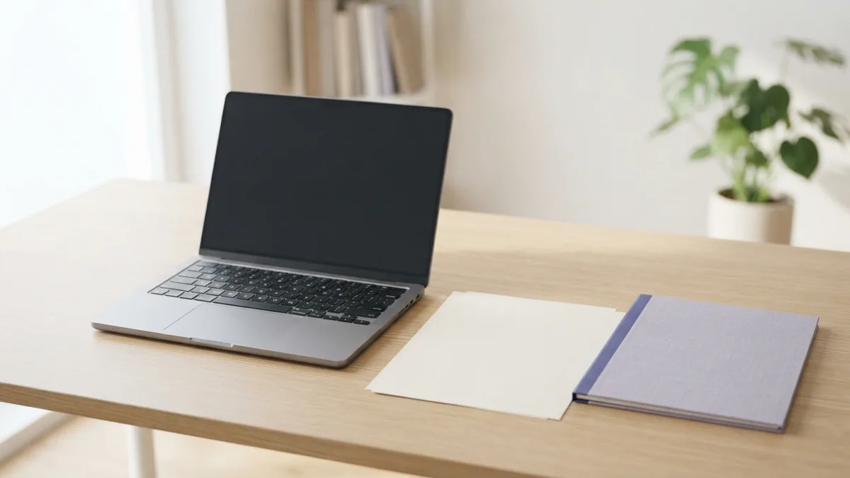 Compact laptop with blank paper and folder for editing PDF files