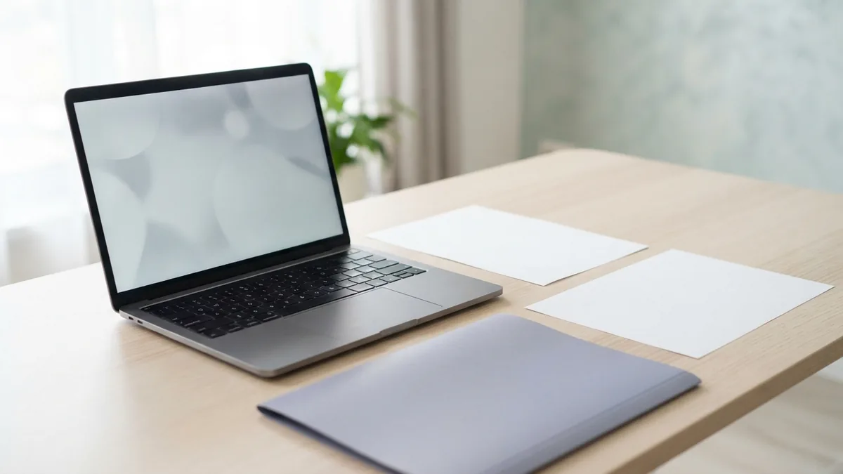 Laptop and blank sheets on a pale desk for basic document conversion and edits