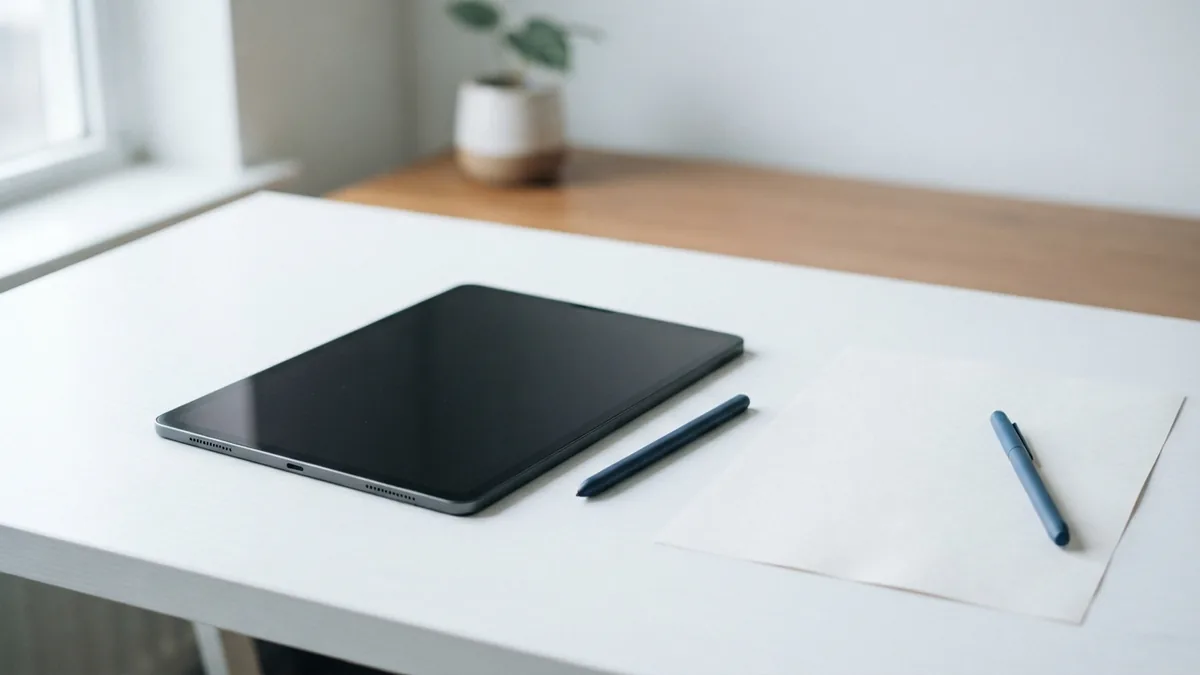 Adding text to a PDF page A blank sheet beside a tablet and stylus for adding PDF text