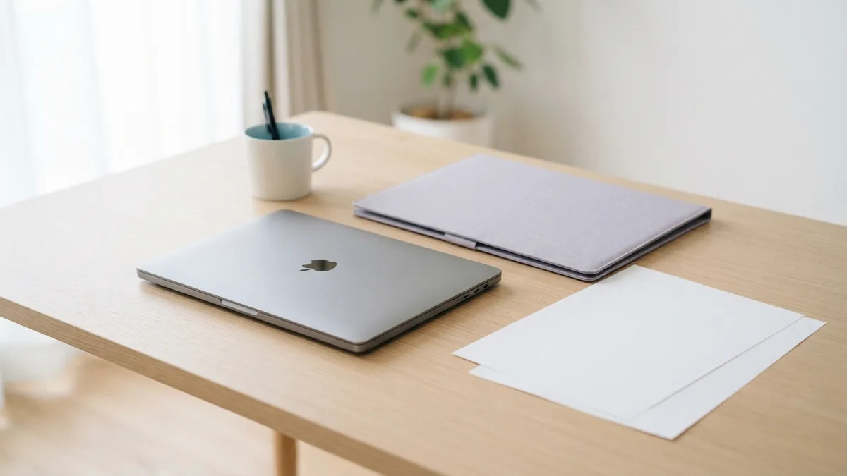 Blank sheets and a laptop arranged for saving an edited PDF