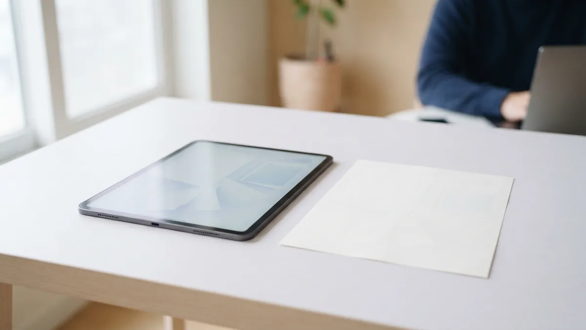 Tablet beside a blank sheet representing a PDF page added to a slide