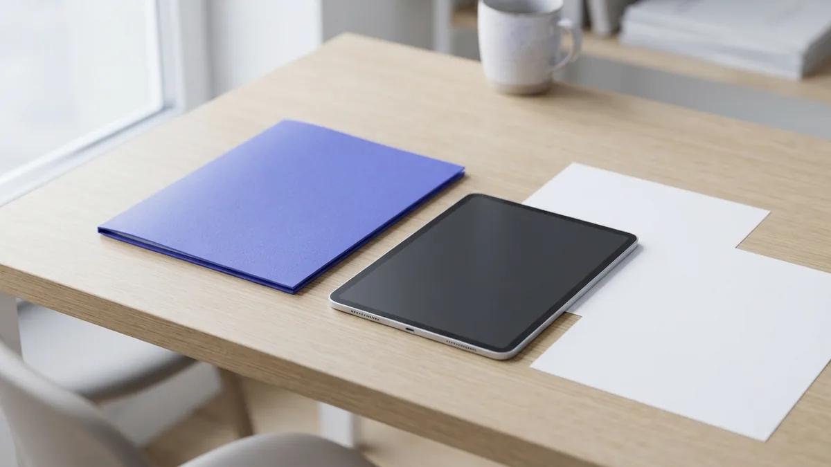Tablet, folder, and blank sheets arranged for checking presentation files