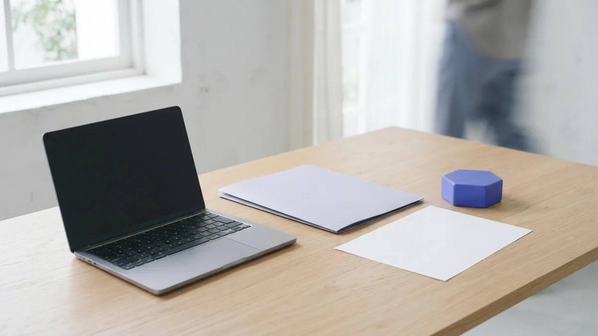 Desk setup for saving an Outlook email Laptop and blank folder arranged for saving an email as a PDF
