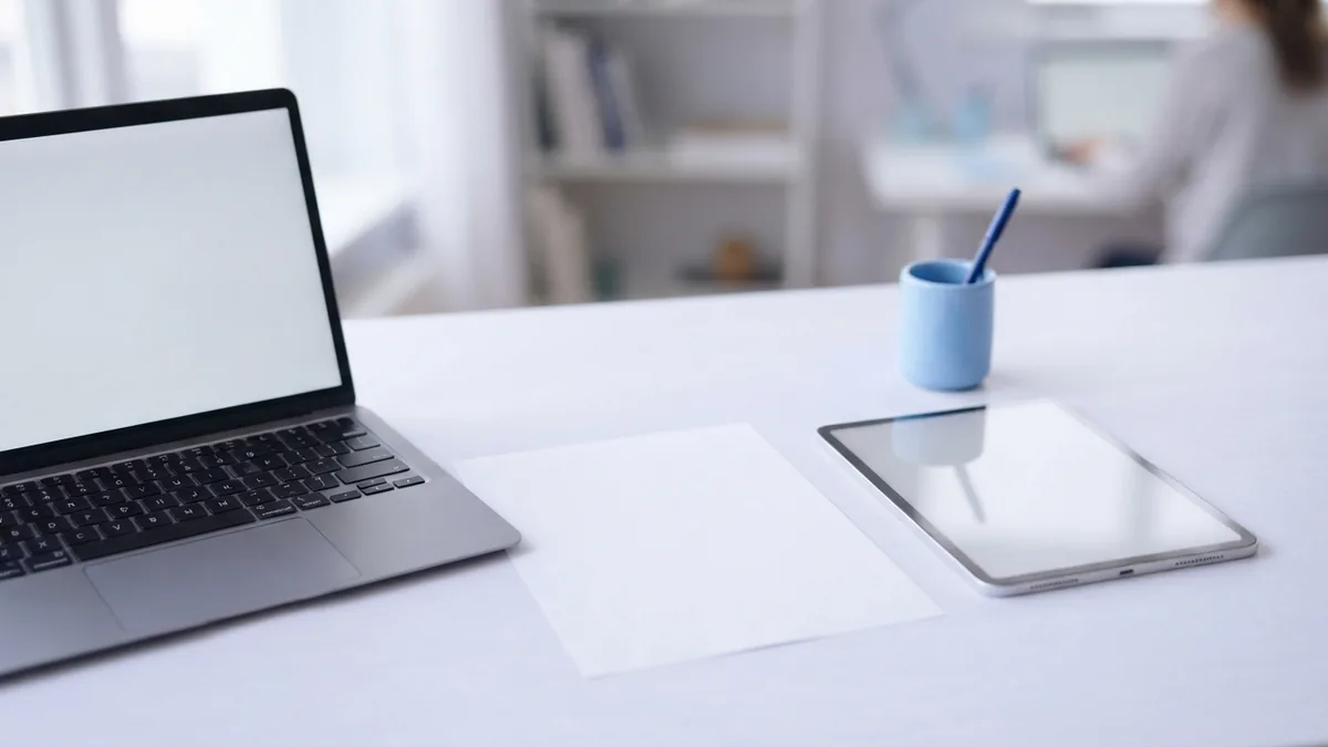 Tablet and laptop beside blank paper for saving a Gmail message