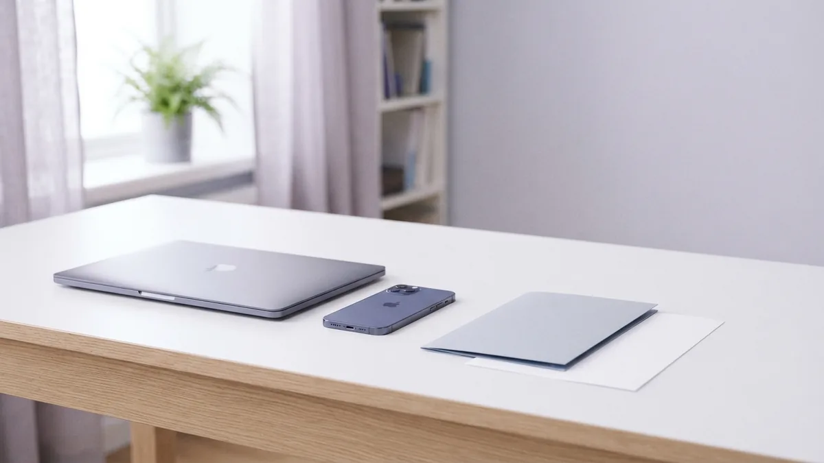 Email conversion setup across devices Laptop, phone, and folder arranged for email conversion across devices