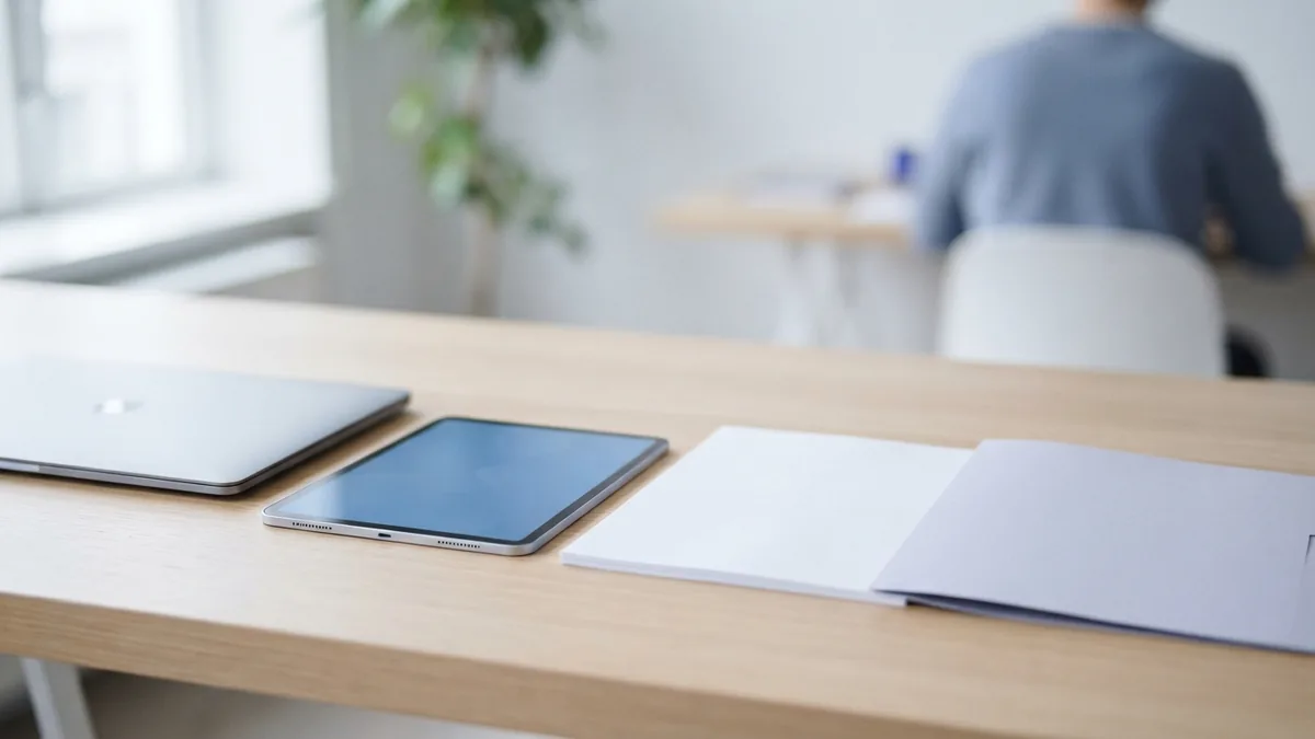 Laptop, tablet, folder, and blank sheets prepared for batch file work
