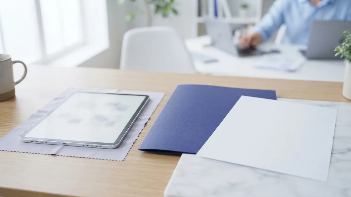 Tablet and folder on a pale desk, representing tools for PDF password protection