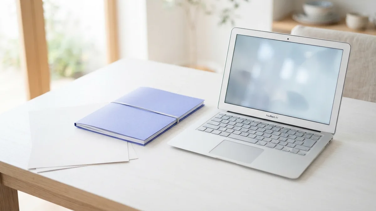 Laptop and blank paper arranged for a careful PDF encryption workflow