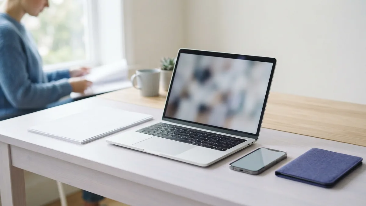 An easy online conversion setup Laptop, phone, blank paper, and folder arranged for online file conversion