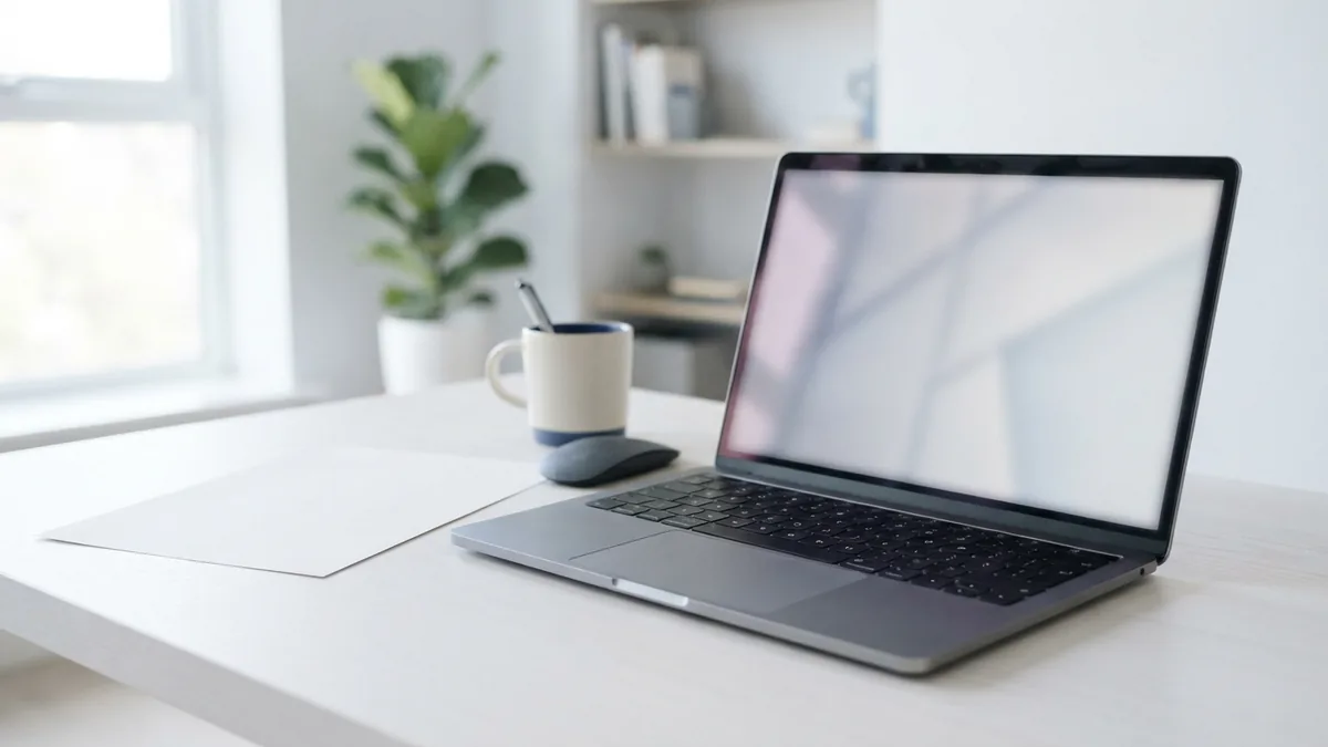 Preparing an app developer workspace Laptop and blank paper on a bright desk for setting up an app developer account