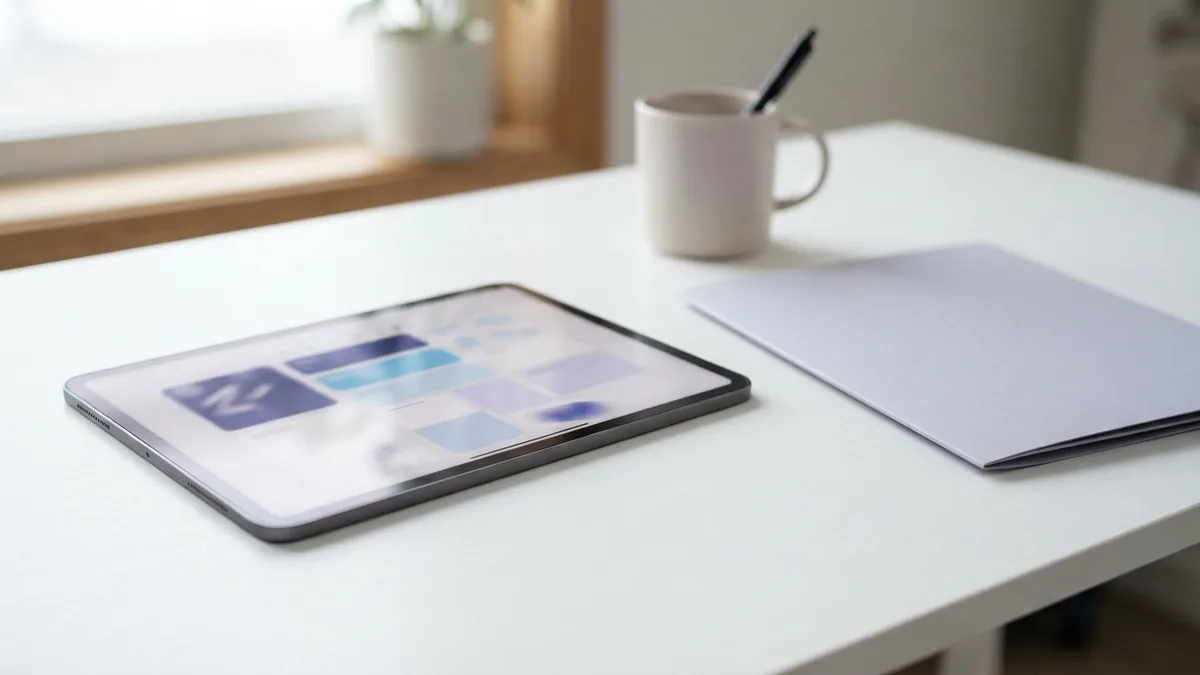 Planning the app’s core features Tablet and folder on a clean desk while planning core app features