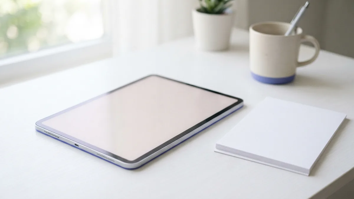 A simple app design workspace Blank tablet and unmarked paper arranged for app interface design