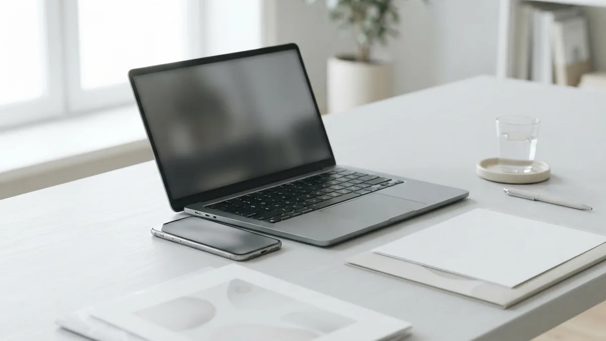 Testing an app across devices Laptop and phone with blank screens set up for testing an app on different devices