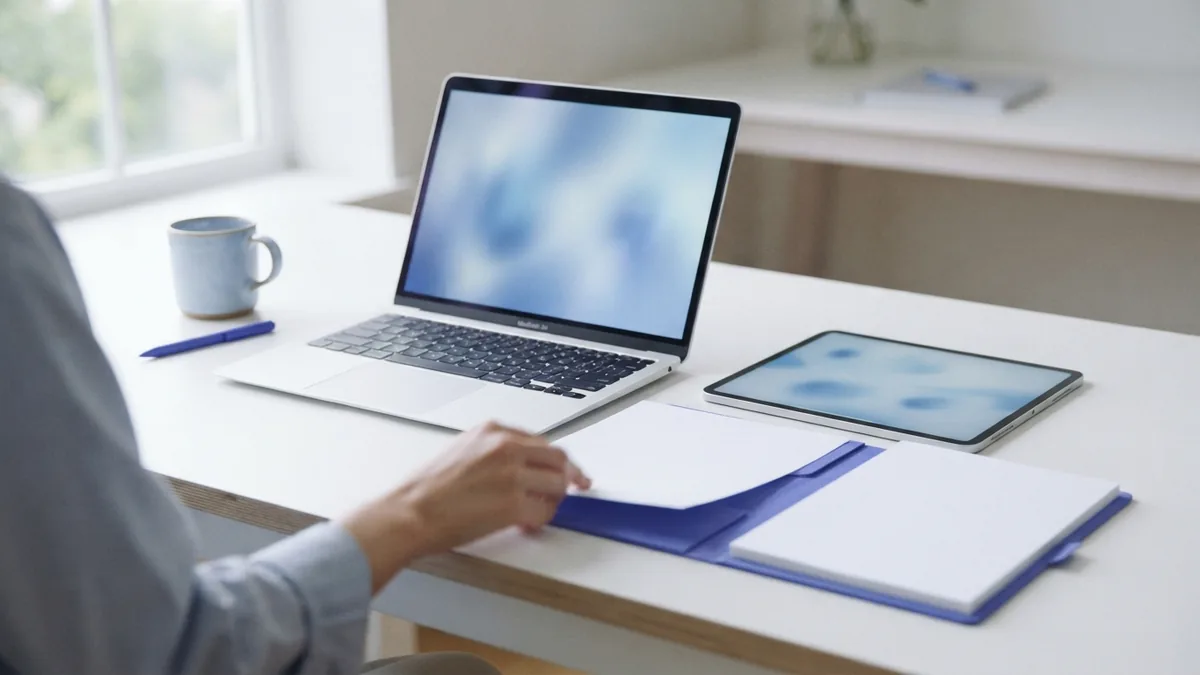 Paper and devices for PDF conversion Laptop and blank paper forms arranged for converting documents into digital PDF files