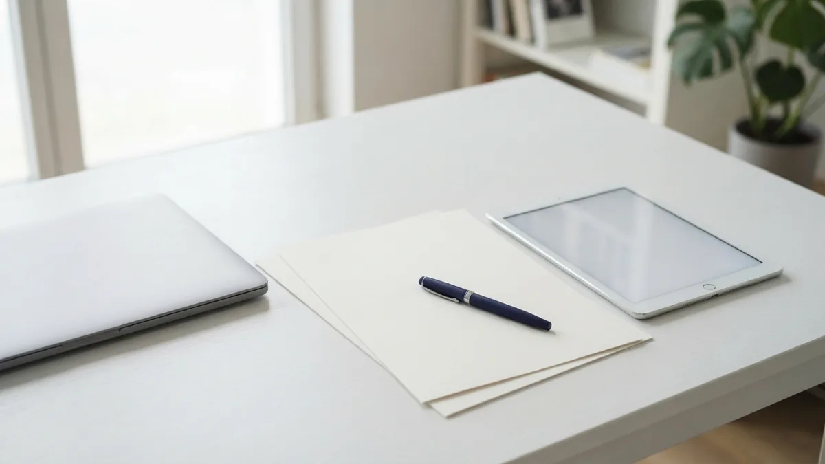 Laptop, tablet, and blank documents arranged for building a fillable PDF form
