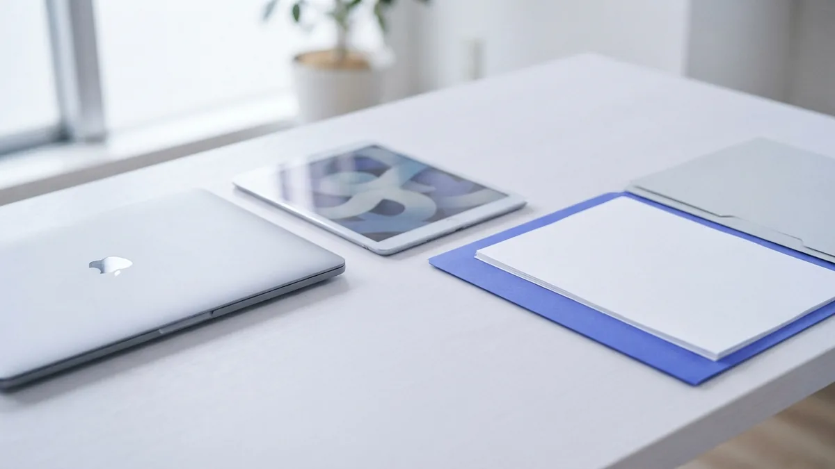 Laptop, tablet, folders, and blank papers showing a careful PDF saving workflow