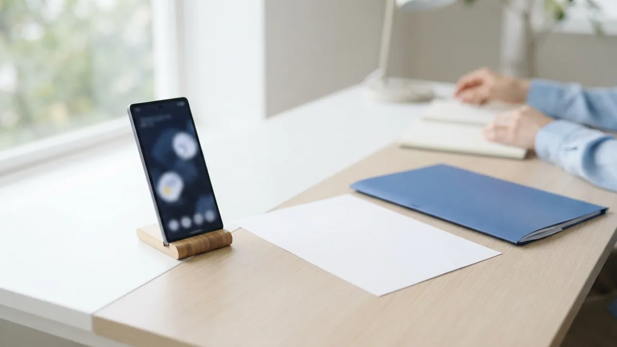 Opening PDF documents on Android Android phone beside blank paper and folder for opening PDF documents