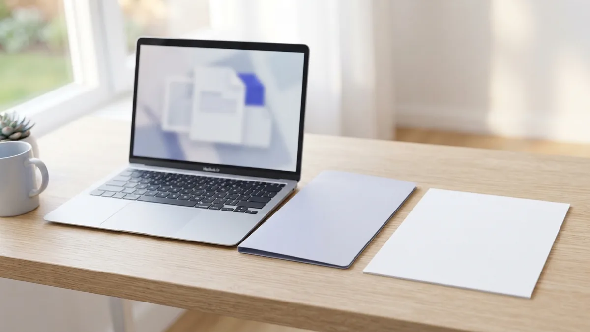 Laptop and paper folder on a desk for solving PDF opening problems