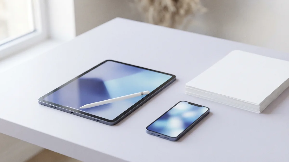 A tablet and phone beside blank papers on a pale desk, suggesting PDF file storage