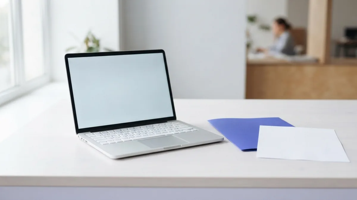 Laptop beside a plain folder and blank sheet on a bright desk for file search
