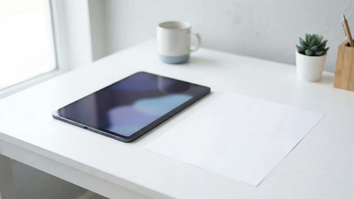 Tablet and blank page on a bright desk during a PDF reader search