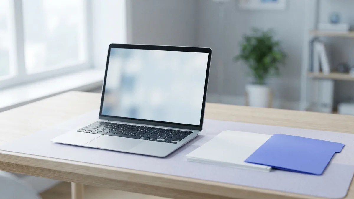 Workspace for searching PDF files Laptop beside blank papers and a folder on a bright desk for PDF search tasks